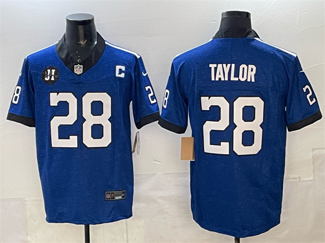 Men's Indianapolis Colts #28 Jonathan Taylor Blue 2025 F.U.S.E. Jim Irsay Patch Throwback Vapor Limited Stitched Football Jersey